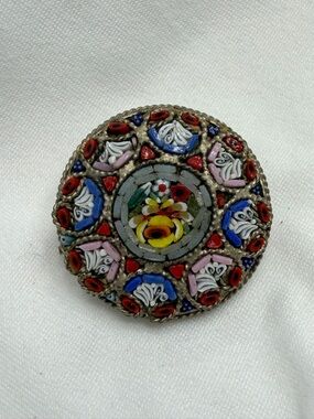 Vintage Millefiori Glass Mosaic Round Brooch - Multicolor